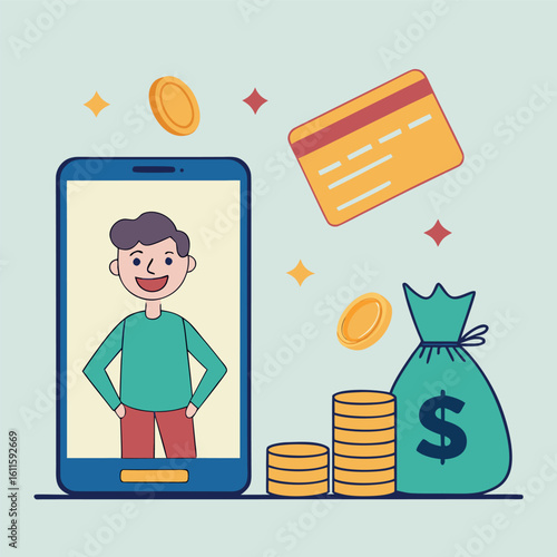 Smiling cartoon man appears from phone with coins, money bag, and credit card
