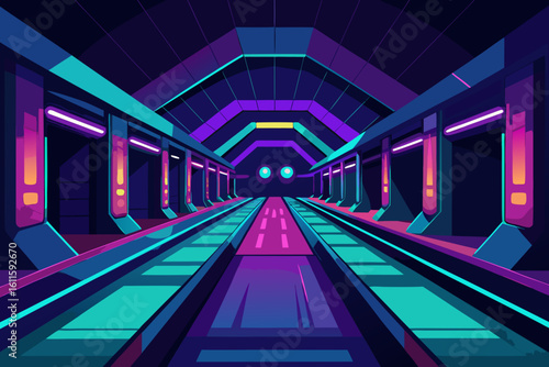 Sleek modern architecture defines the empty underground Hong Kong subway station at night, illuminated by the warm glow of interior lights leading into the tunnel
