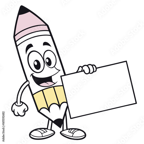 Smiling cartoon pencil with pink lead is holding an empty white sign