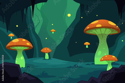 Vibrant cartoon illustration of a magical red and green amanita mushroom in an autumn forest with grass and leaves