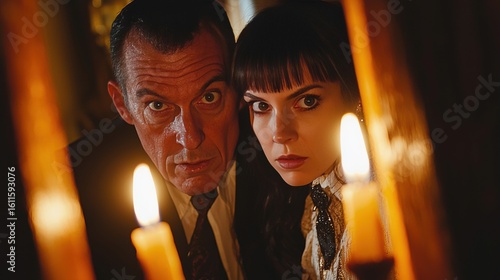 Priest and woman stand in confessional, their faces partially revealed through ornate screen Expressions convey longing and silent understanding, enhanced flickering candlelight