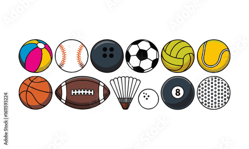 scalable vector illustration featuring a collection of sports balls,Sports balls minimal flat icon set. Cartoon style., easily editable.