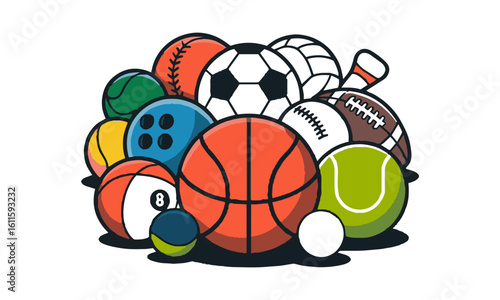 scalable vector illustration featuring a collection of sports balls,Sports balls minimal flat icon set. Cartoon style., easily editable.