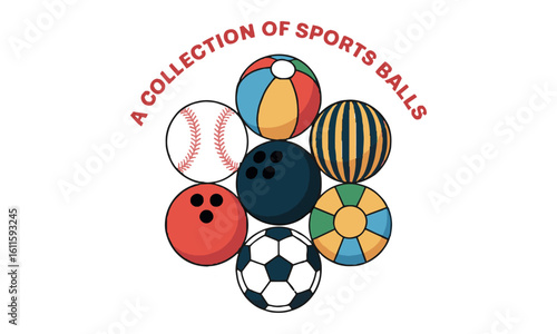scalable vector illustration featuring a collection of sports balls,Sports balls minimal flat icon set. Cartoon style., easily editable.