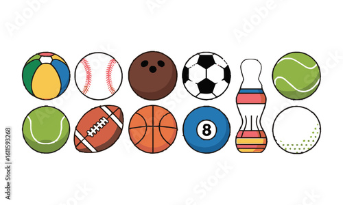 scalable vector illustration featuring a collection of sports balls,Sports balls minimal flat icon set. Cartoon style., easily editable.