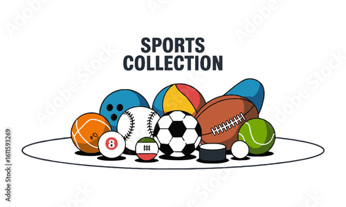 scalable vector illustration featuring a collection of sports balls,Sports balls minimal flat icon set. Cartoon style., easily editable.