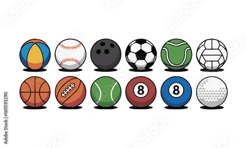 scalable vector illustration featuring a collection of sports balls,Sports balls minimal flat icon set. Cartoon style., easily editable.
