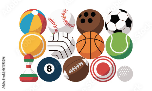 scalable vector illustration featuring a collection of sports balls,Sports balls minimal flat icon set. Cartoon style., easily editable.