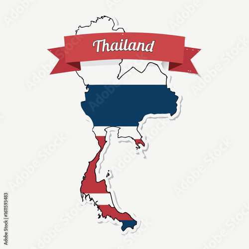 Thailand map displays national flag colors with country name on a festive ribbon
