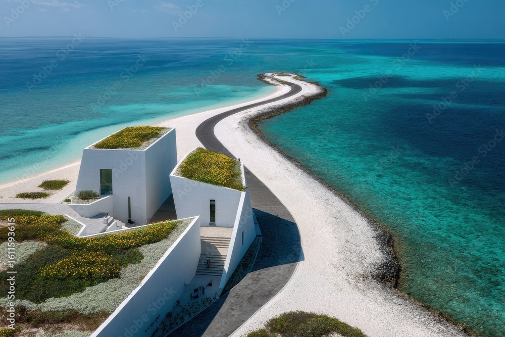 Fototapeta premium Modern architecture meets tropical paradise on winding ocean pathway