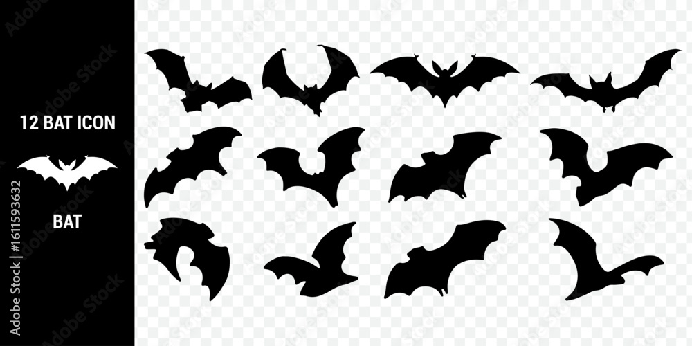 Fototapeta premium Twelve Black Bat Icons for Halloween
