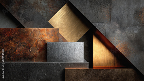 Abstract geometric background made from metallic materials like brushed gold chrome silver and matte graphite for luxurious branding visuals.