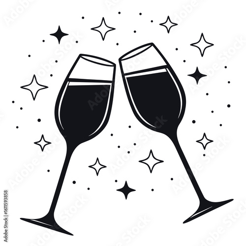 Two black wine glasses are toasting amidst sparkling stars on a transparent background