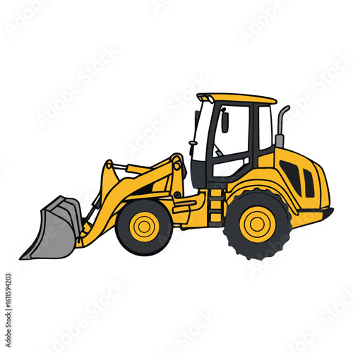 Yellow loader vehicle with grey bucket and black wheels construction