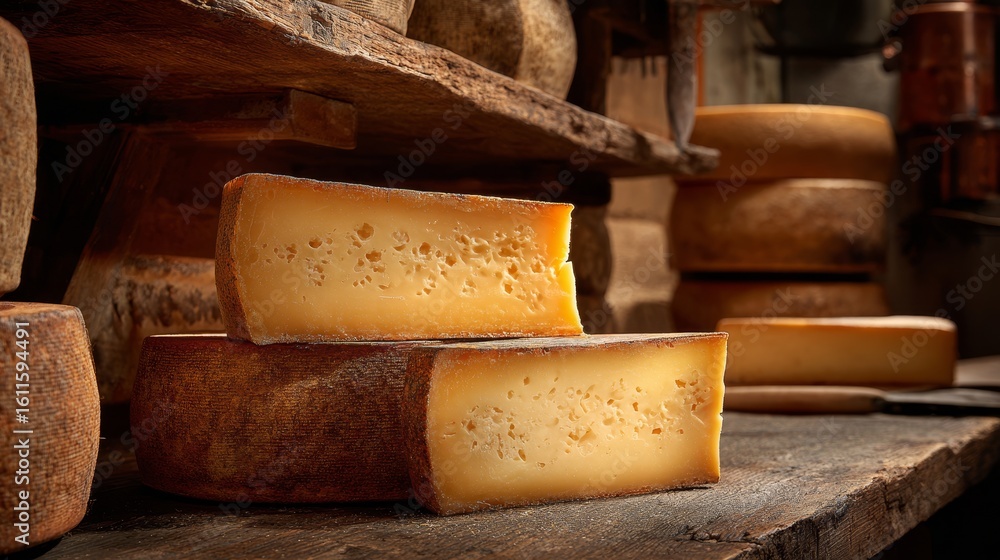 Fototapeta premium Gruyere wheel close up in rustic cheese store