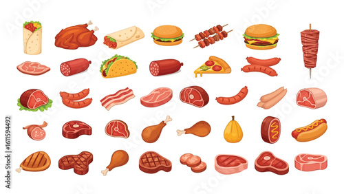A collection of fast food items and beef, pork, chicken, and processed meats.  Vector Icon Design.