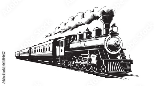 Old steam locomotive travels the rail line, a powerful engine on the track