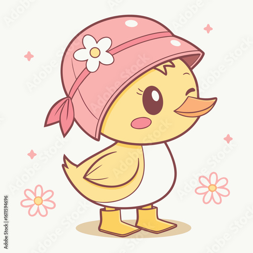 Winking cartoon duckling in pink bonnet and boots poses amidst floral accents is visible