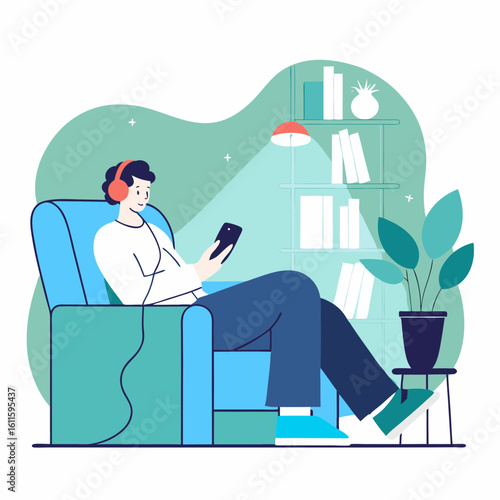 Young man listening to audiobooks on phone while relaxing at home  