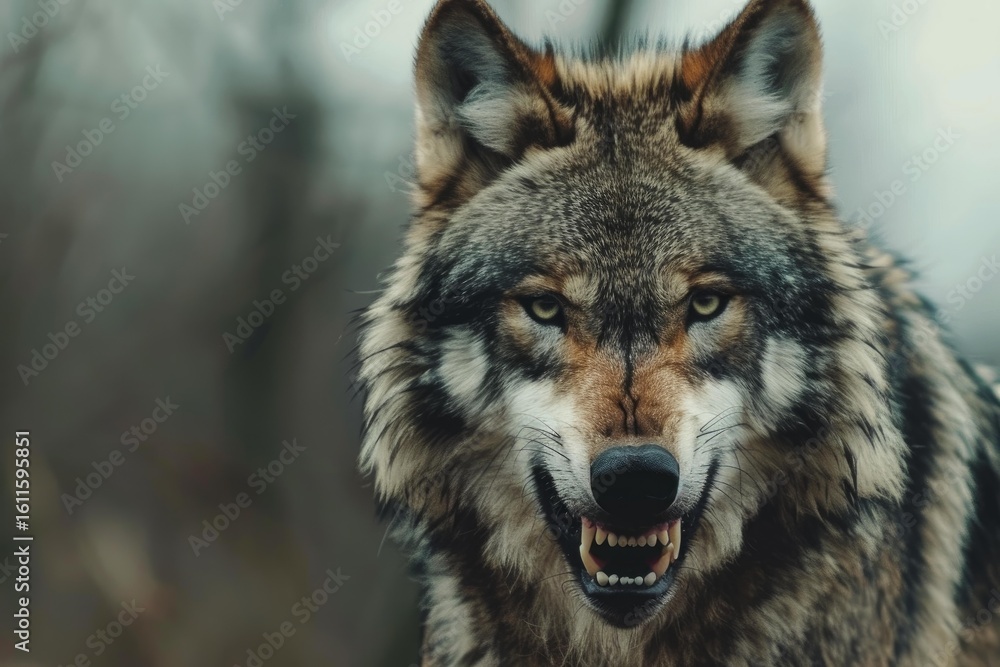 Fototapeta premium Eurasian wolf showing teeth and snarling in wilderness closeup, looking menacing with blurred background