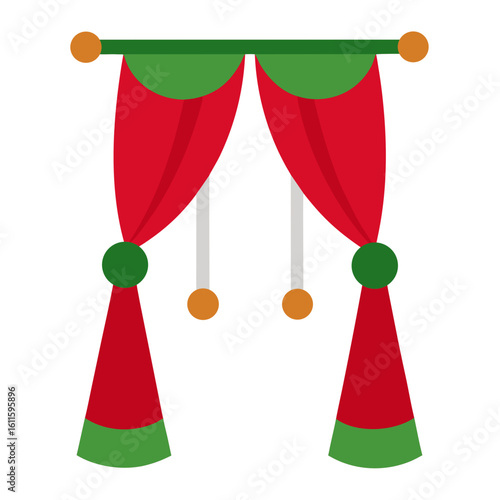 Elegant red and green drapes with decorative tassels and ornaments
