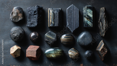 A curated assortment of raw and polished stones arranged artistically to highlight natural textures, mineral details, and earthy aesthetics.