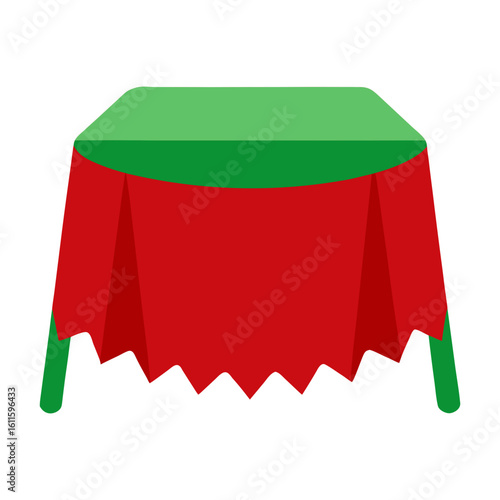 A square table covered with a red tablecloth and a green border