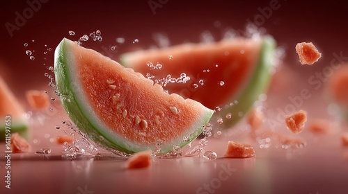 Juicy watermelon slices with seeds splash with water droplets on a reflective surface against a warm, blurred background.