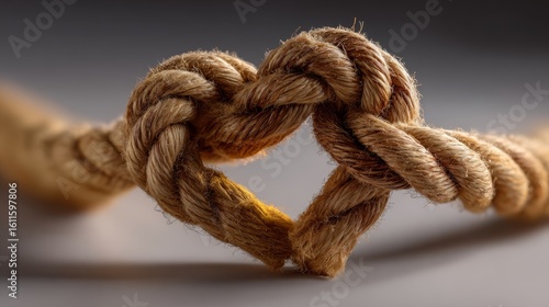 A close-up of a natural fiber rope tied into a heart-shaped knot against a blurred background.