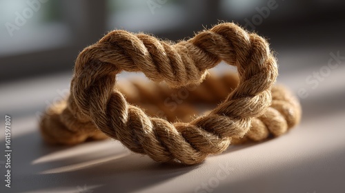 A close-up image of a thick rope twisted into a heart shape on a neutral surface with soft lighting.