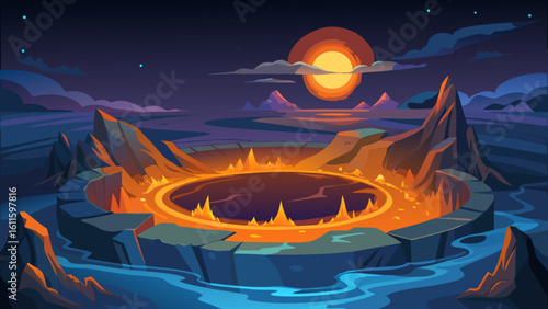Spooky Halloween pumpkins on fire under the dark moonlit night sky, with scary bats and a silhouetted witch, a perfect vector illustration for the autumn holiday horror