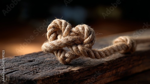 A close-up of a rustic, frayed rope tied in a knot on a weathered wooden surface with a blurred dark background.