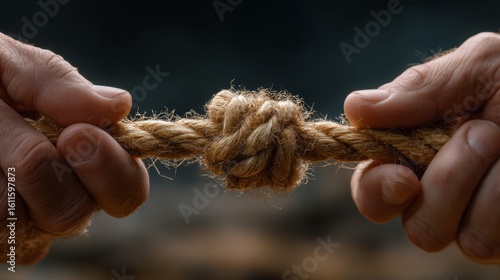 Two hands tightly gripping a thick, knotted rope against a blurred dark background.