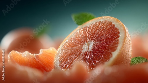 Close-up of a juicy, fresh blood orange half with vibrant red flesh surrounded by peeled orange segments and green mint leaves on a soft-focus background.