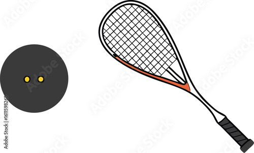 Black squash ball and orange accented racket sport game