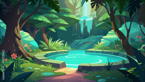 Tropical paradise island landscape: a lush green jungle with palm trees, a sandy beach, and clear ocean water teeming with tropical fish under a sunny sky