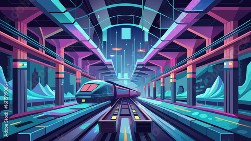 A vibrant Hong Kong subway station at night with blurred traffic lights on the urban street, capturing the fast motion of city transportation