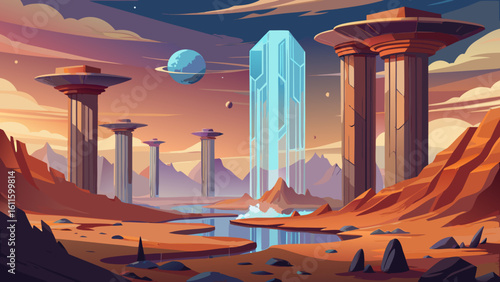 Sunlit ancient temple ruins by the desert coast with a wooden ship and boat on the tranquil ocean water under a vast sky at sunset