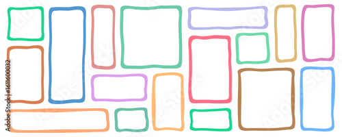 Doodle hand drawn frames with irregular uneven shapes, colorful squares with wavy rough edges, wavy irregular rectangles, gallery frame boxes, curved picture and painting frameworks, organic forms