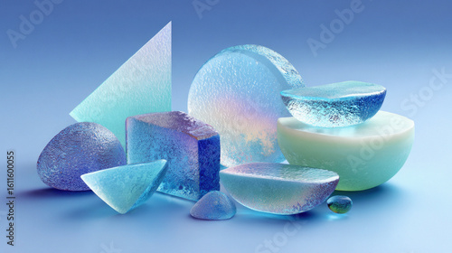Abstract composition featuring iridescent glass shapes arranged on gradient background with luminous reflective interplay and modern decorative visual.