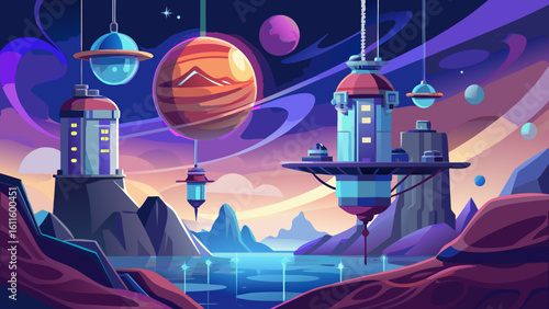 Night illustration of a UFO flying over a city with a moonlit sky, spooky trees, and distant building silhouettes