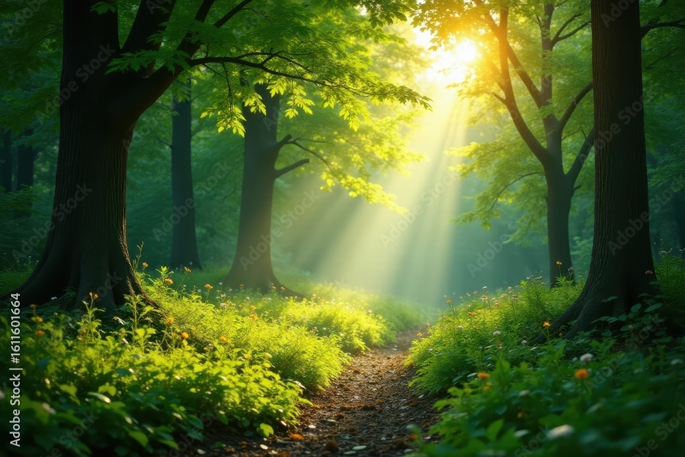 Fototapeta premium Sun-drenched green forest, vibrant summer foliage, daytime, summer, wild
