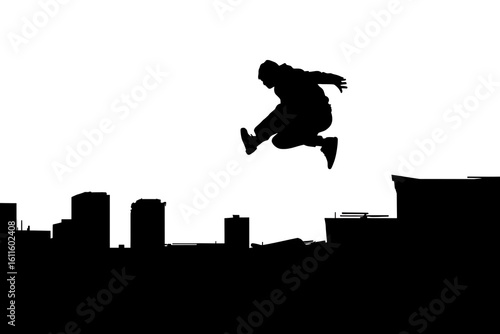 Urban freerunner silhouette jumping across rooftops