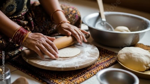 Puran poli woman preparing sweet chapati with rolling pin, perfect for Indian cooking blogs, recipe websites, and cultural publications.
