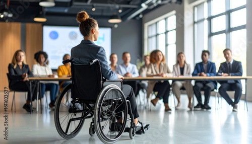 Inclusive Leadership: Woman in Wheelchair Commands Attention at a Corporate Meeting