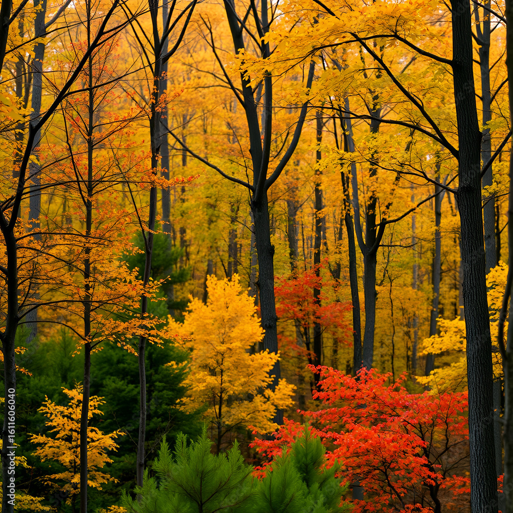 Obraz premium autumn, forest, trees, green, yellow, fly, background