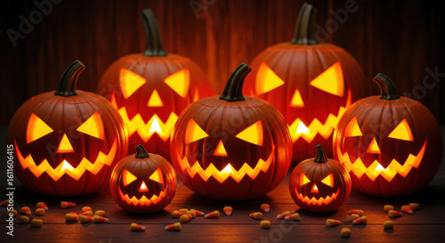 Wallpaper Mural A Warm and Glowing Gathering of Jack-o'-Lanterns with Candy Corn A Cozy Halloween Still Life with Illuminated Pumpkins and Festive Treats Torontodigital.ca
