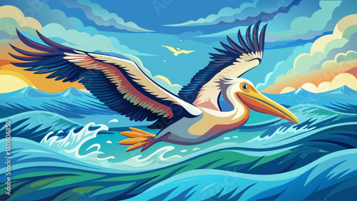 A pelican glides just above the ocean surface, wings stretched wide as waves roll gently below