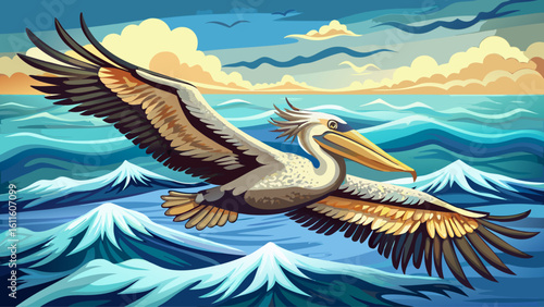 A pelican glides just above the ocean surface, wings stretched wide as waves roll gently below