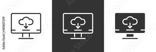 Cloud download icon. Computer screen with cloud storage and arrow data transfer vector illustration. Online file sync and backup symbol. Digital network storage access sign.